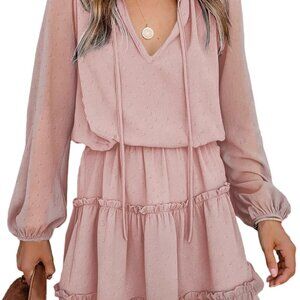 Ruffled tulle knee-length dress Solid color casual pullover dress